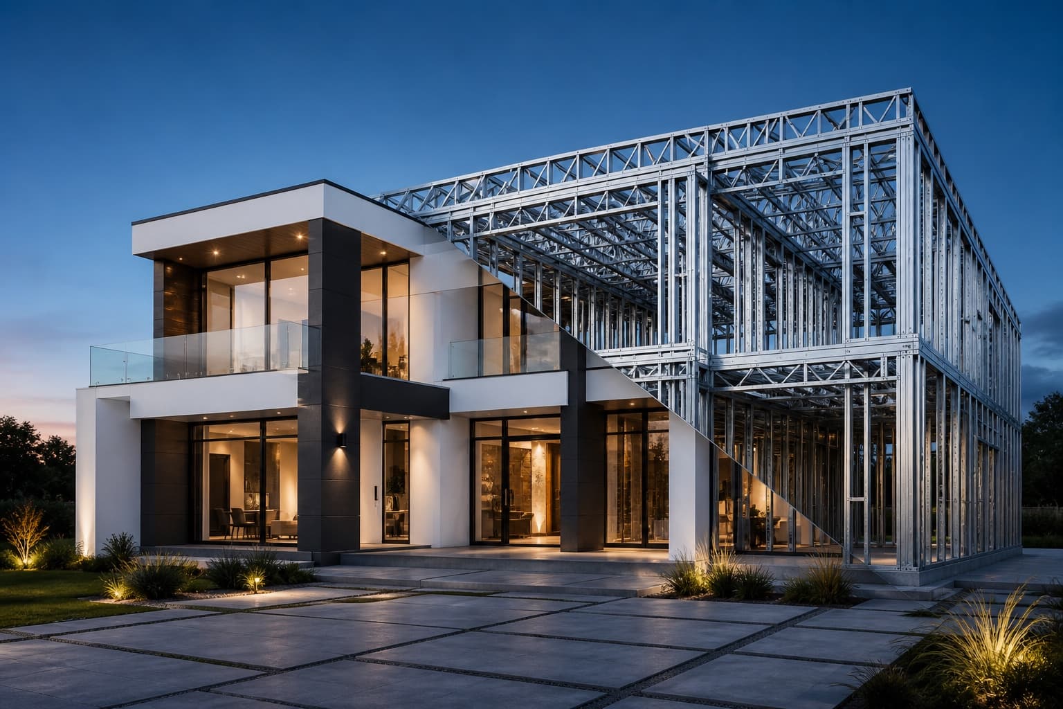 Modern residential house with finished exterior and exposed light-gauge steel frame skeleton